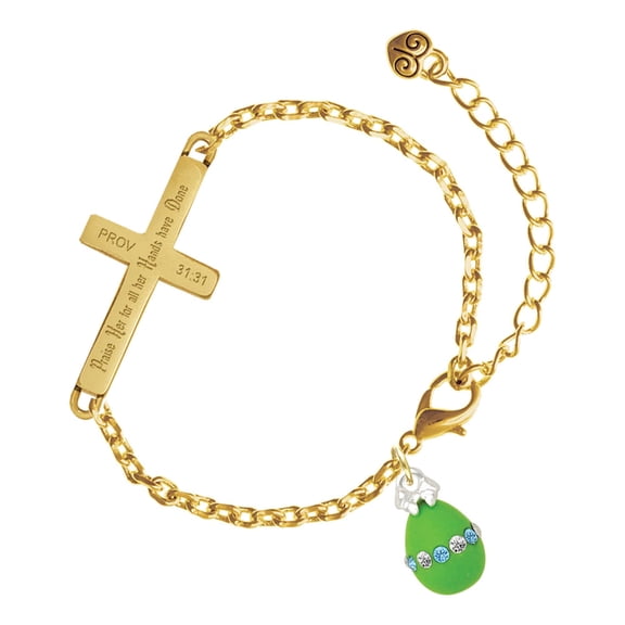 Delight Jewelry Silver-tone Lime Green Easter Egg with Color Crystal Band - Gold Tone Proverbs 31:31 Praise Her for all Her Hands have Done Engraved Cross Charm Bracelet, 6.5+1.5" Extender