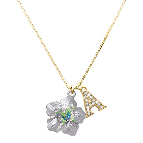 Delight Jewelry Silver-tone Lime Green & Hot Blue Butterfly on Large Flower - Large Goldtone Crystal Initial - A - Charm Necklace, 17.5"+2"