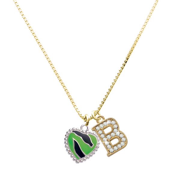 Delight Jewelry Silver-tone Lime Green Zebra Print Heart - Large Goldtone Crystal Initial - B - Charm Necklace, 17.5"+2"