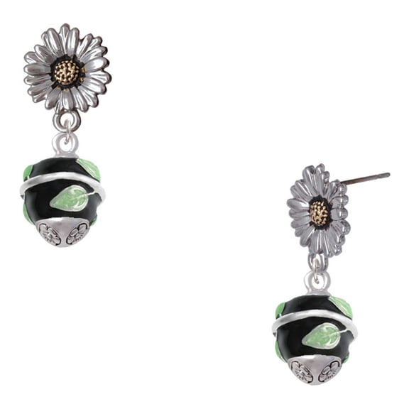 Delight Jewelry Silver-tone Lime Leaves on Black Band Spinner - Two-tone Daisy Flower Post Earrings