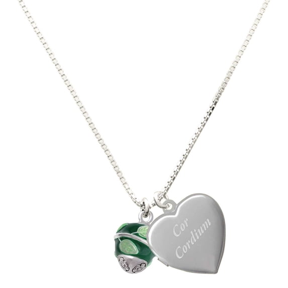 Delight Jewelry Silver-tone Lime Leaves on Green Band Spinner - Silver Plated Engraved Cor Cordium Heart Locket Necklace, 17.5"+2" Extender