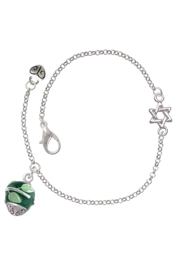 Silver-tone Lime Leaves on Green Band Spinner - Silvertone Star of David Delicate Bracelet, 6.25+1.75" Extender
