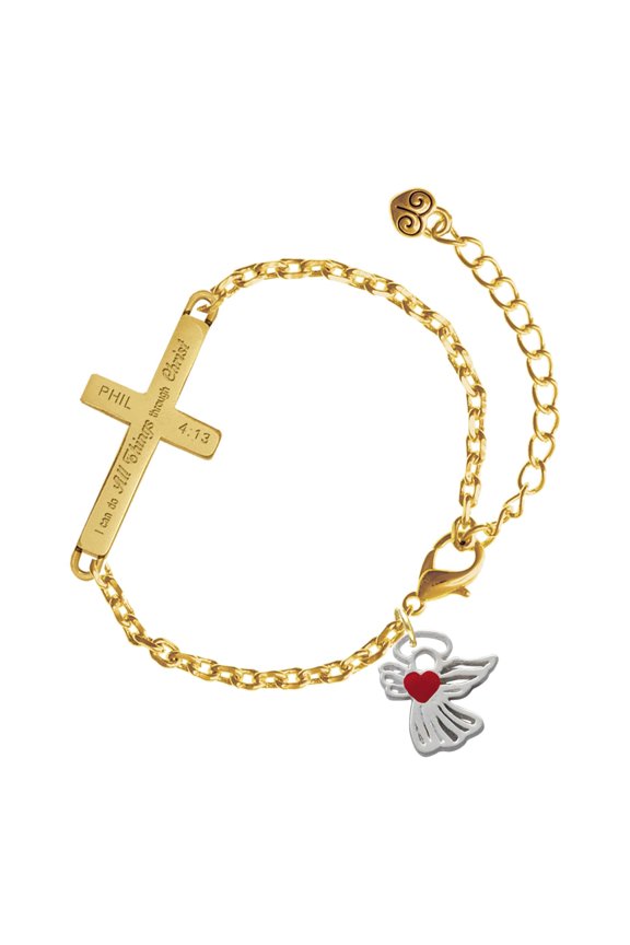 Silver-tone Lined Angel with Red Heart - Gold Tone Philipians 4:13 I Do All Things Through Christ Engraved Cross Charm Bracelet, 6.5+1.5" Extender