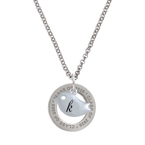 Delight Jewelry Silver-tone Little Bird Initial - K - Class of 2026 Affirmation Ring Necklace, 23"