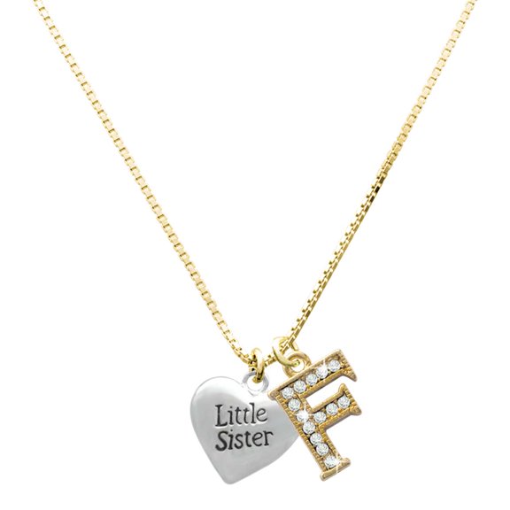 Delight Jewelry Silver-tone Little Sister Heart - Large Goldtone Crystal Initial - F - Charm Necklace, 17.5"+2"
