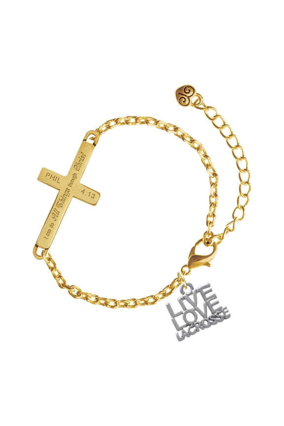 Silver-tone Live Love Lacrosse - Gold Tone Philipians 4:13 I Do All Things Through Christ Engraved Cross Charm Bracelet, 6.5+1.5" Extender