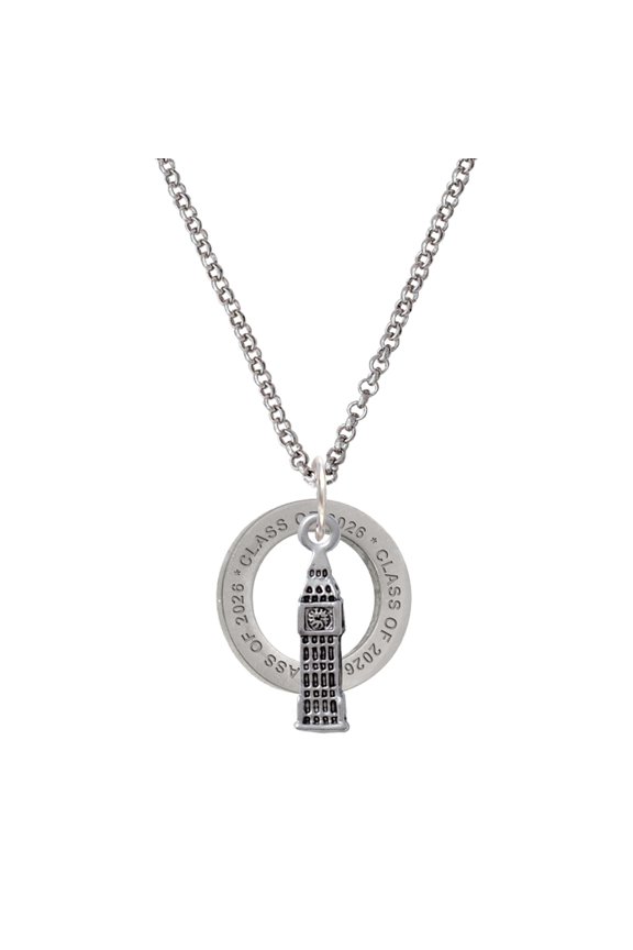 Silver-tone London's Big Ben Clock Tower - Class of 2026 Affirmation Ring Necklace, 23"