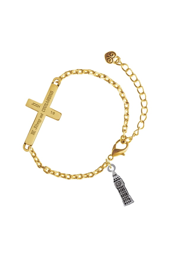 Silver-tone London's Big Ben Clock Tower - Gold Tone Joshua 1:9 Strong and Courageous Engraved Cross Charm Bracelet, 6.5+1.5" Extender