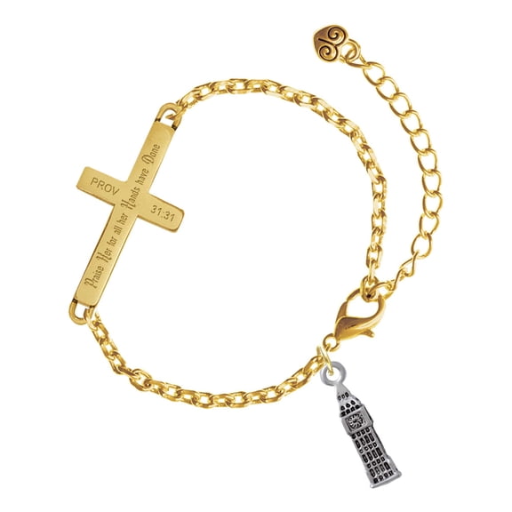 Delight Jewelry Silver-tone London's Big Ben Clock Tower - Gold Tone Proverbs 31:31 Praise Her for all Her Hands have Done Engraved Cross Charm Bracelet, 6.5+1.5" Extender