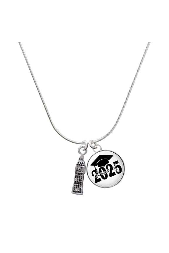 Silver-tone London's Big Ben Clock Tower - Script Class of 2025 Dome Charm Necklace, 18"