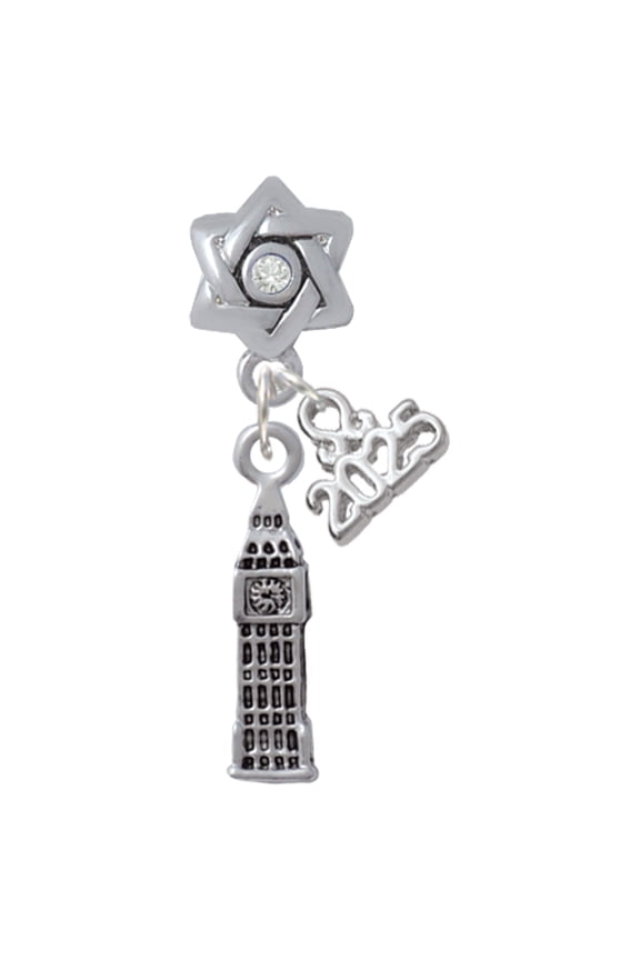 Silver-tone London's Big Ben Clock Tower - Silver-tone Clear Star of David Charm Bead Dangle with Mini 2025