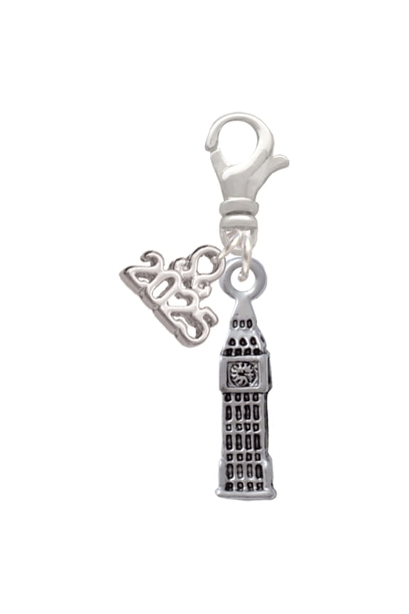 Silver-tone London's Big Ben Clock Tower - Silver-tone Clip on Charm with Mini Year 2025