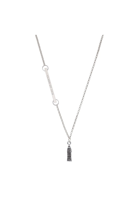 Silver-tone London's Big Ben Clock Tower - Silvertone Class of 2026 Delicate Bar Necklace, 18.75"
