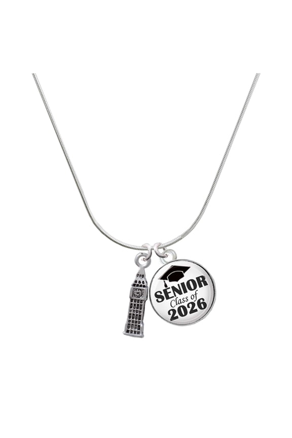 Silver-tone London's Big Ben Clock Tower - Silvertone Senior Class of 2026 Dome Necklace, 18"