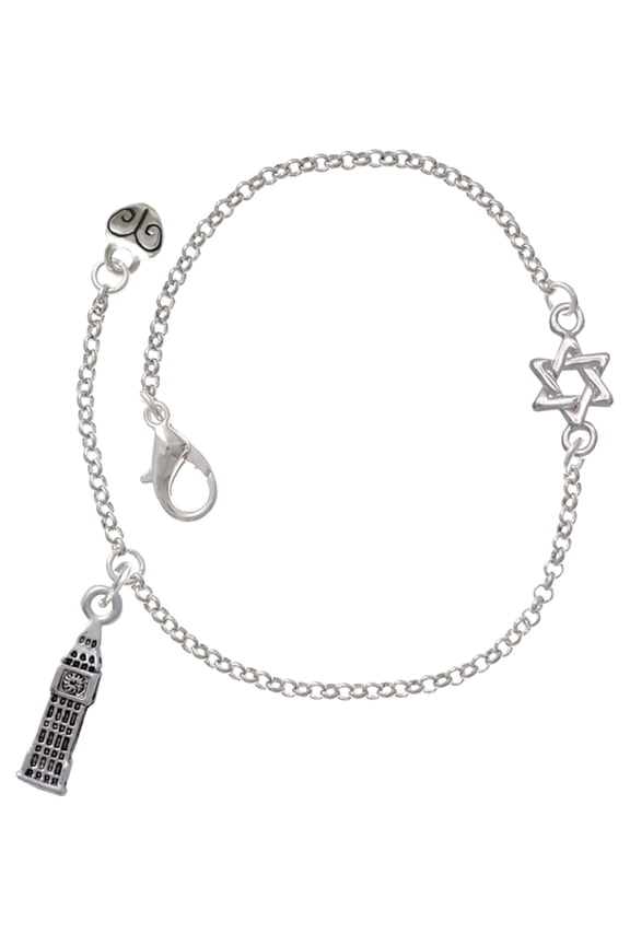 Silver Plated London's Big Ben Clock Tower Charm on Star of David Delicate Bracelet, 6.25+1.75" Extender