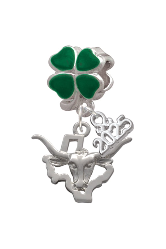 Silver-tone Longhorn - Texas - Good Luck Green Four Leaf Clover Charm Bead Dangle with Mini 2025