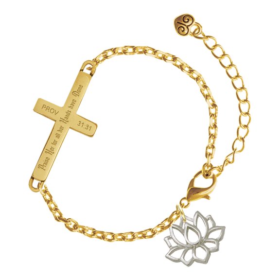 Delight Jewelry Silver-tone Lotus Outline - Gold Tone Proverbs 31:31 Praise Her for all Her Hands have Done Engraved Cross Charm Bracelet, 6.5+1.5" Extender