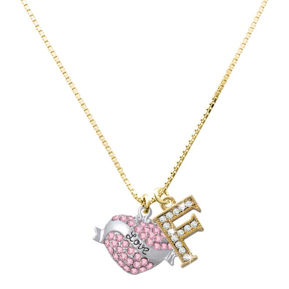 Delight Jewelry Silver-tone Love Banner on Pink Crystal Heart - Large Goldtone Crystal Initial - F - Charm Necklace, 17.5"+2"