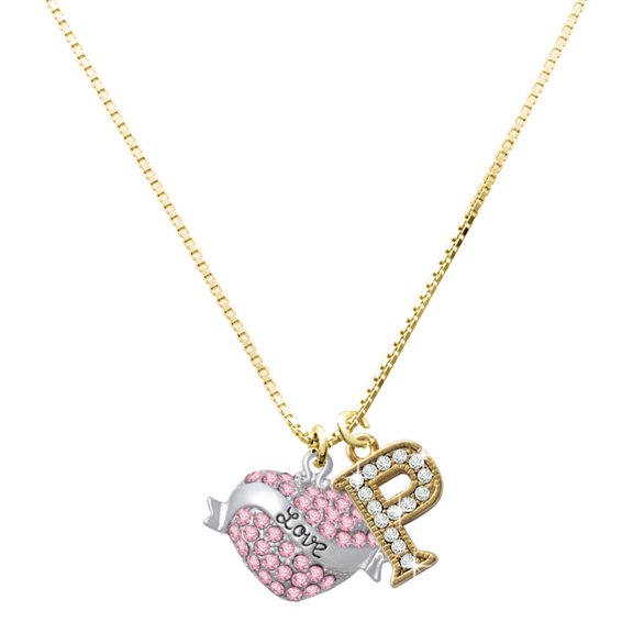 Delight Jewelry Silver-tone Love Banner on Pink Crystal Heart - Large Goldtone Crystal Initial - P - Charm Necklace, 17.5"+2"