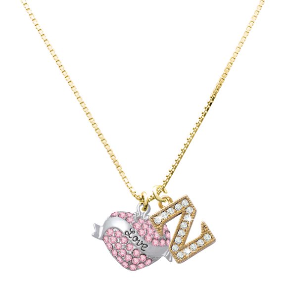 Delight Jewelry Silver-tone Love Banner on Pink Crystal Heart - Large Goldtone Crystal Initial - Z - Charm Necklace, 17.5"+2"