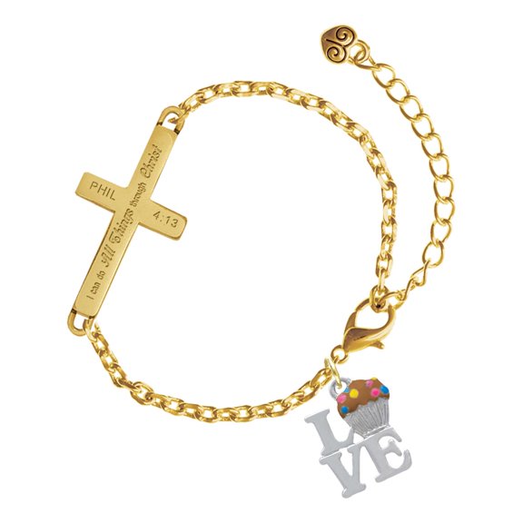 Delight Jewelry Silver-tone Love with Chocolate Cupcake - Gold Tone Philipians 4:13 I Do All Things Through Christ Engraved Cross Charm Bracelet, 6.5+1.5" Extender