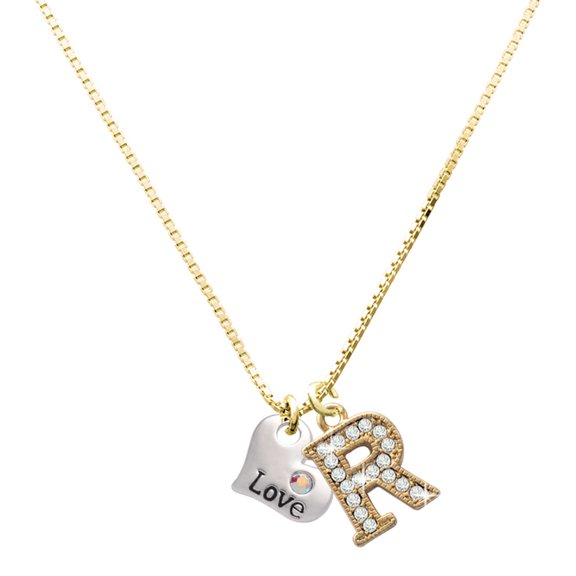 Delight Jewelry Silver-tone Love Heart with AB Crystal - Large Goldtone Crystal Initial - R - Charm Necklace, 17.5"+2"