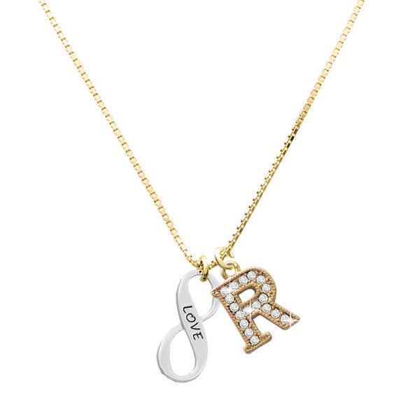 Delight Jewelry Silver-tone Love Infinity Sign - Large Goldtone Crystal Initial - R - Charm Necklace, 17.5"+2"