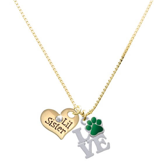 Delight Jewelry Silver-tone Love with Green Paw - Large Goldtone Lil Sister Heart Charm Necklace, 17.5"+2" Extender