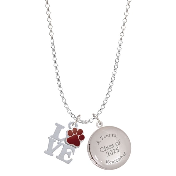 Delight Jewelry Silver-tone Love with Maroon Paw - Class of 2025 Year to Remember Locket Charm Necklace, 19+2" Extender
