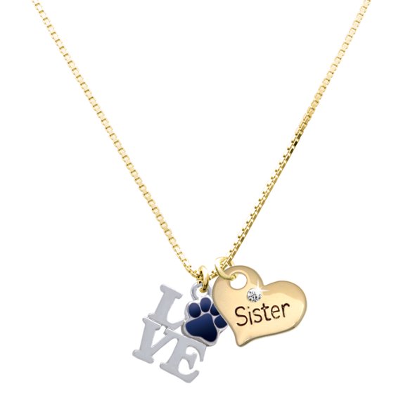 Delight Jewelry Silver-tone Love with Navy Blue Paw - Large Goldtone Sister Heart Charm Necklace, 17.5"+2" Extender