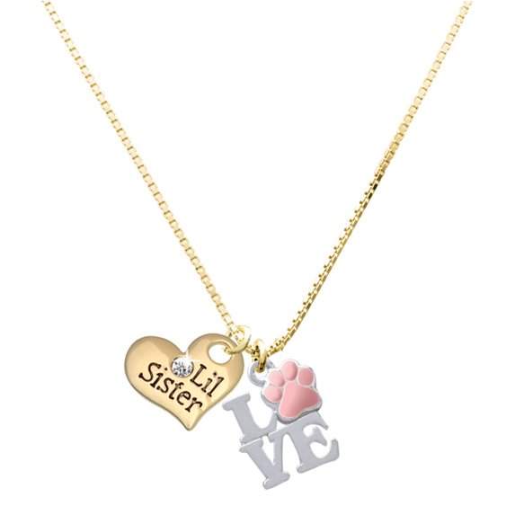 Delight Jewelry Silver-tone Love with Pink Paw - Large Goldtone Lil Sister Heart Charm Necklace, 17.5"+2" Extender