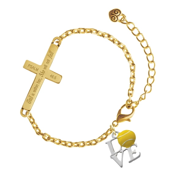 Delight Jewelry Silver-tone Love with Tennis Ball - Gold Tone Psalm 46:5 She will not fall Engraved Cross Charm Bracelet, 6.5+1.5" Extender