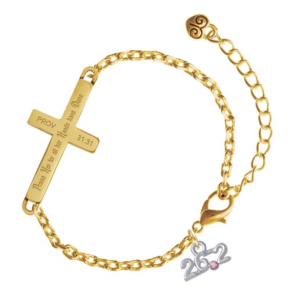 Delight Jewelry Silver-tone Marathon - 26.2 with Pink Crystal - Gold Tone Proverbs 31:31 Praise Her for all Her Hands have Done Engraved Cross Charm Bracelet, 6.5+1.5" Extender
