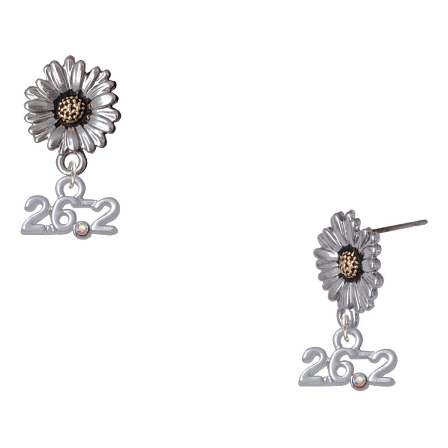 Delight Jewelry Silver-tone Marathon - 26.2 with Clear AB Crystal - Two-tone Daisy Flower Post Earrings