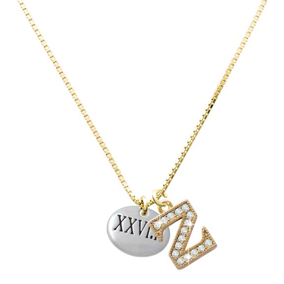 Delight Jewelry Silver-tone Marathon Roman Numeral - Large Goldtone Crystal Initial - Z - Charm Necklace, 17.5"+2"