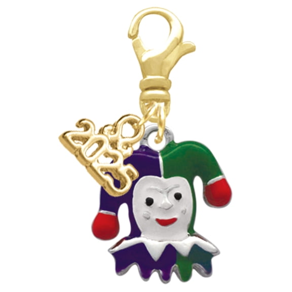 Delight Jewelry Silver-tone Mardi Gras Jester - Gold-tone Clip on Charm with Mini Year 2025
