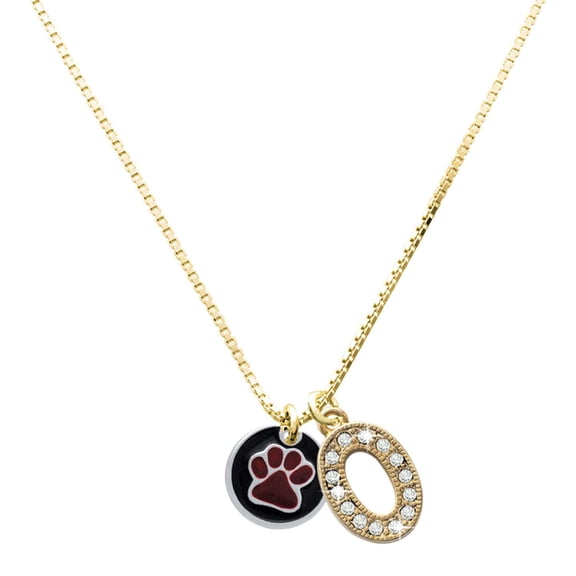 Delight Jewelry Large Goldtone Crystal Initial Necklace, featuring Silver Tone Maroon Paw on Black Disc Charm, 17.5"+2", O