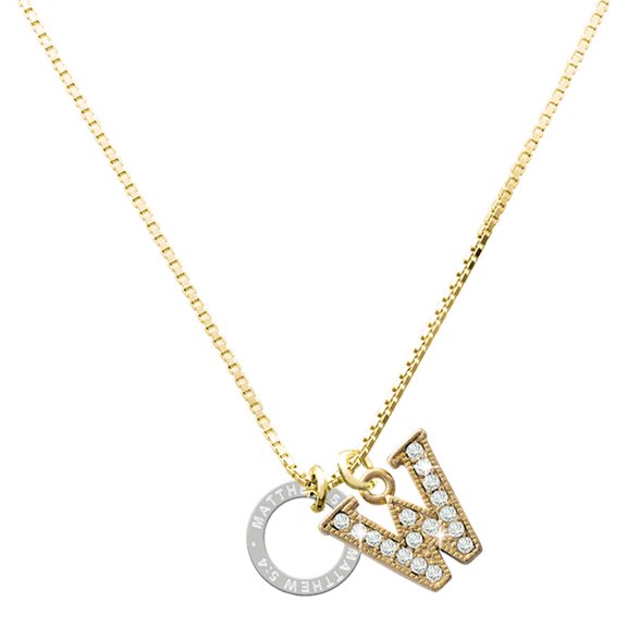 Delight Jewelry Silver-tone Matthew 5:4 Eternity Ring - Large Goldtone Crystal Initial - W - Charm Necklace, 17.5"+2"
