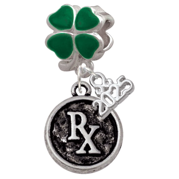 Delight Jewelry Silver-tone Medical Caduceus Seal - Rx - Good Luck Green Four Leaf Clover Charm Bead Dangle with Mini 2025