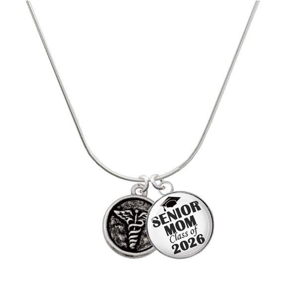 Delight Jewelry Silver-tone Medical Caduceus Seal - Silvertone Senior Mom Class of 2026 Dome Necklace, 18"
