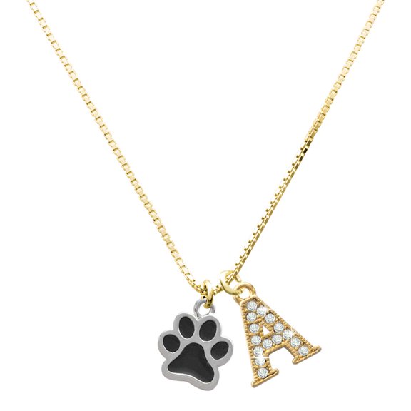 Delight Jewelry Silver-tone Medium Black Paw - Large Goldtone Crystal Initial - A - Charm Necklace, 17.5"+2"