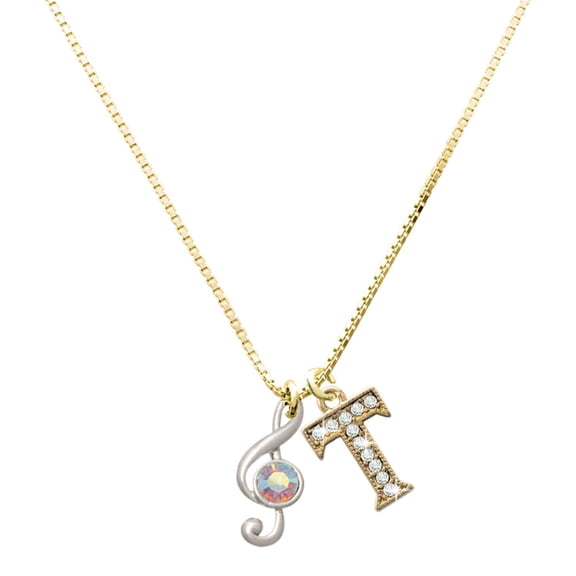 Delight Jewelry Silver-tone Medium Clef with AB Crystal - Large Goldtone Crystal Initial - T - Charm Necklace, 17.5"+2"