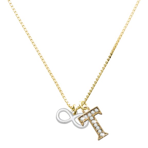 Delight Jewelry Silver-tone Medium Infinity Sign - Large Goldtone Crystal Initial - T - Charm Necklace, 17.5"+2"
