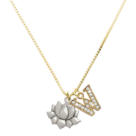 Delight Jewelry Silver-tone Medium Lotus Flower - Large Goldtone Crystal Initial - W - Charm Necklace, 17.5"+2"
