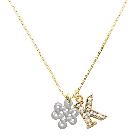 Delight Jewelry Silver-tone Medium Open Infinity Knot - Large Goldtone Crystal Initial - K - Charm Necklace, 17.5"+2"