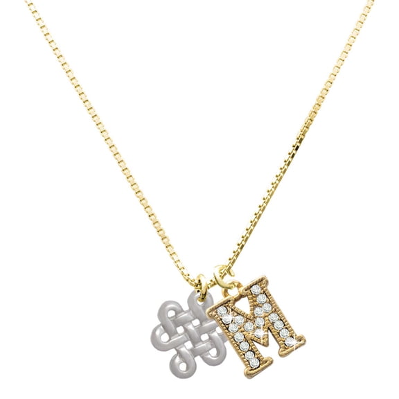Delight Jewelry Silver-tone Medium Open Infinity Knot - Large Goldtone Crystal Initial - M - Charm Necklace, 17.5"+2"
