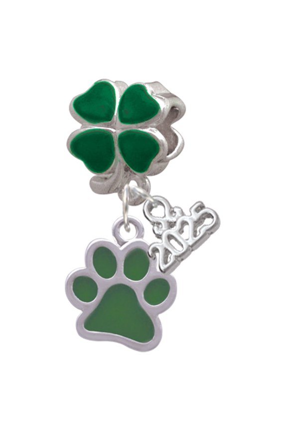 Silver-tone Medium Translucent Green Paw - Good Luck Green Four Leaf Clover Charm Bead Dangle with Mini 2025