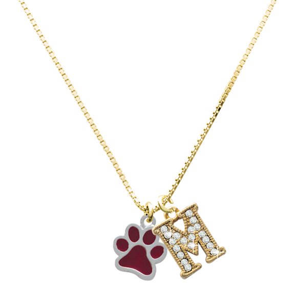 Delight Jewelry Silver-tone Medium Translucent Maroon Paw - Large Goldtone Crystal Initial - M - Charm Necklace, 17.5"+2"