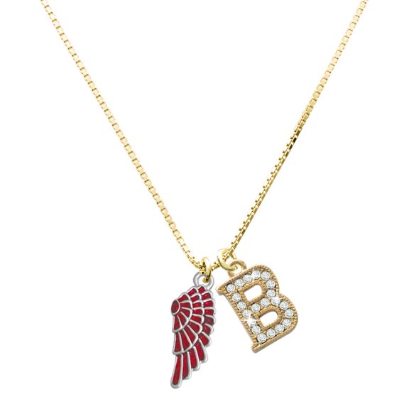 Delight Jewelry Silver-tone Medium Translucent Red Angel Wing - Large Goldtone Crystal Initial - B - Charm Necklace, 17.5"+2"