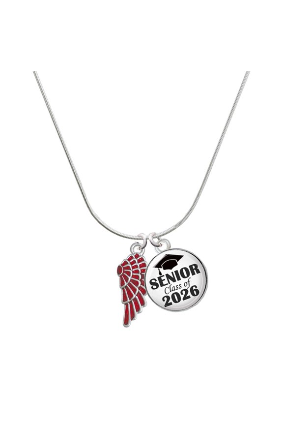 Silver-tone Medium Translucent Red Angel Wing - Silvertone Senior Class of 2026 Dome Necklace, 18"